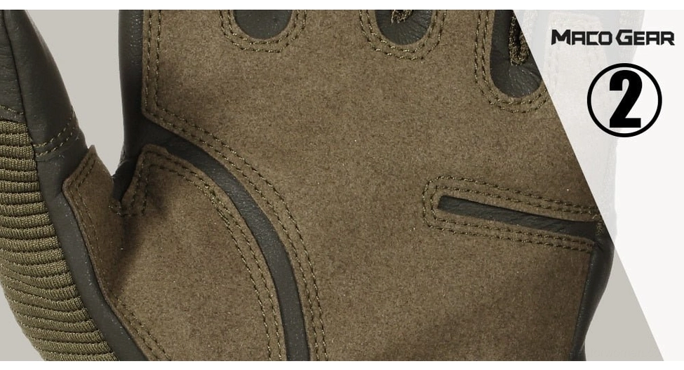 Close-up detail of tactical glove materials: brown suede fabric, knitted wrist panel, and reinforced stitching