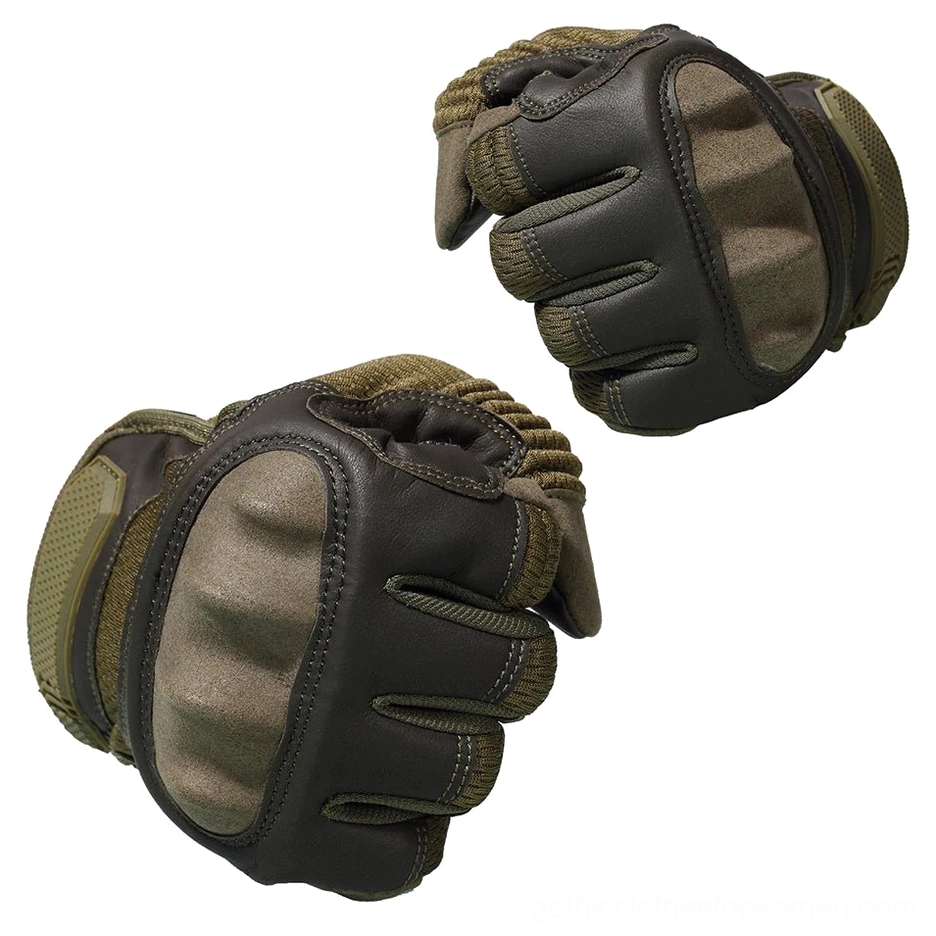 Pair of tactical gloves overhead display showing knuckle guards and compact design
