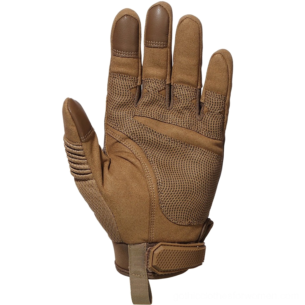 Tan brown tactical work gloves palm side with mesh and suede finger tips