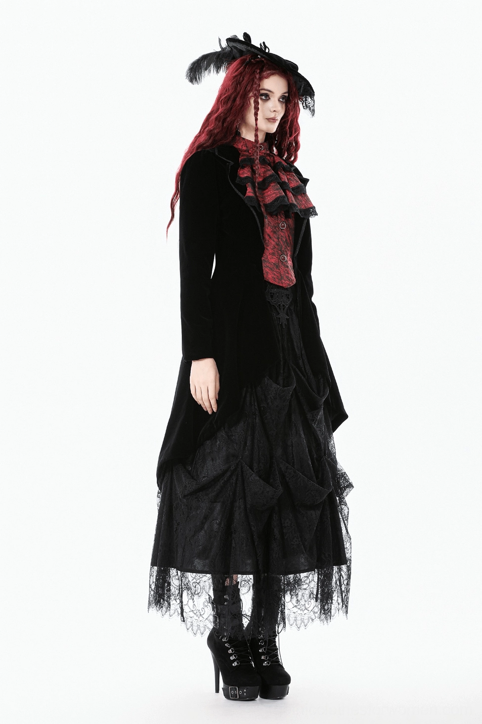 Black velvet gothic tailcoat back view on model highlighting split tail construction and overall silhouette elegance