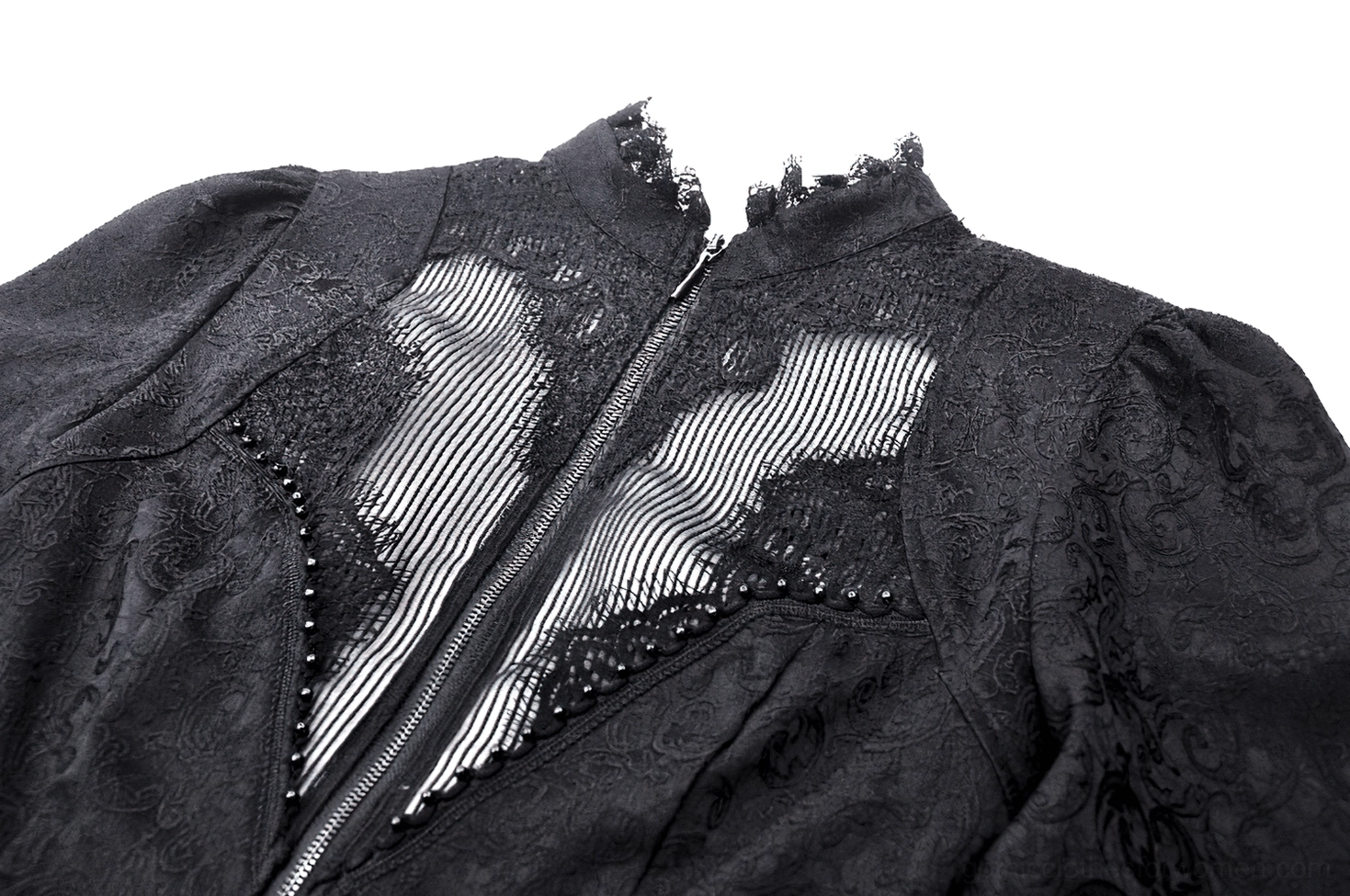 Black tailcoat bodice close-up featuring lace inset, beaded trim, and jacquard fabric texture