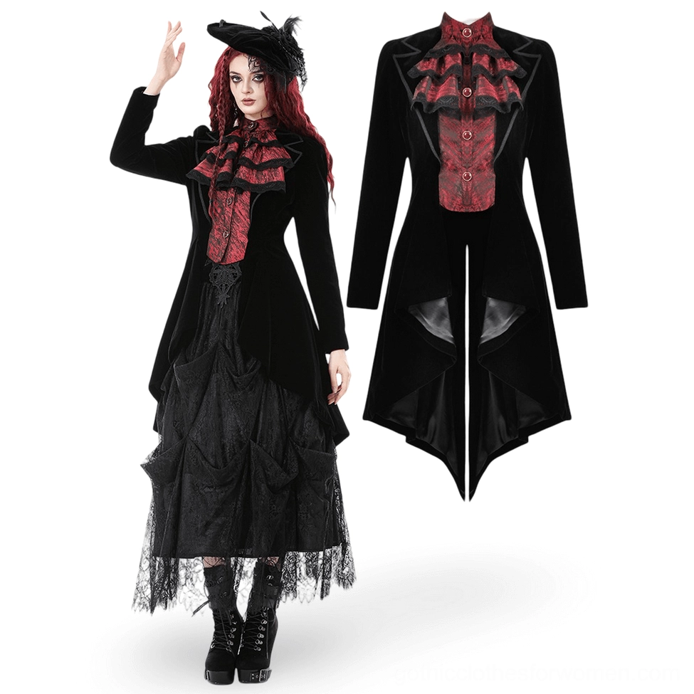 Black velvet tailcoat product display with flat lay and worn detail shots, showing wine red ruffled insert and split tail hemline