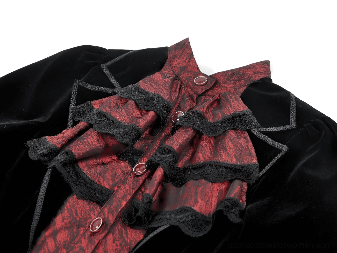 Close-up detail of wine red ruffled collar with black lace trim and button embellishments on gothic tailcoat