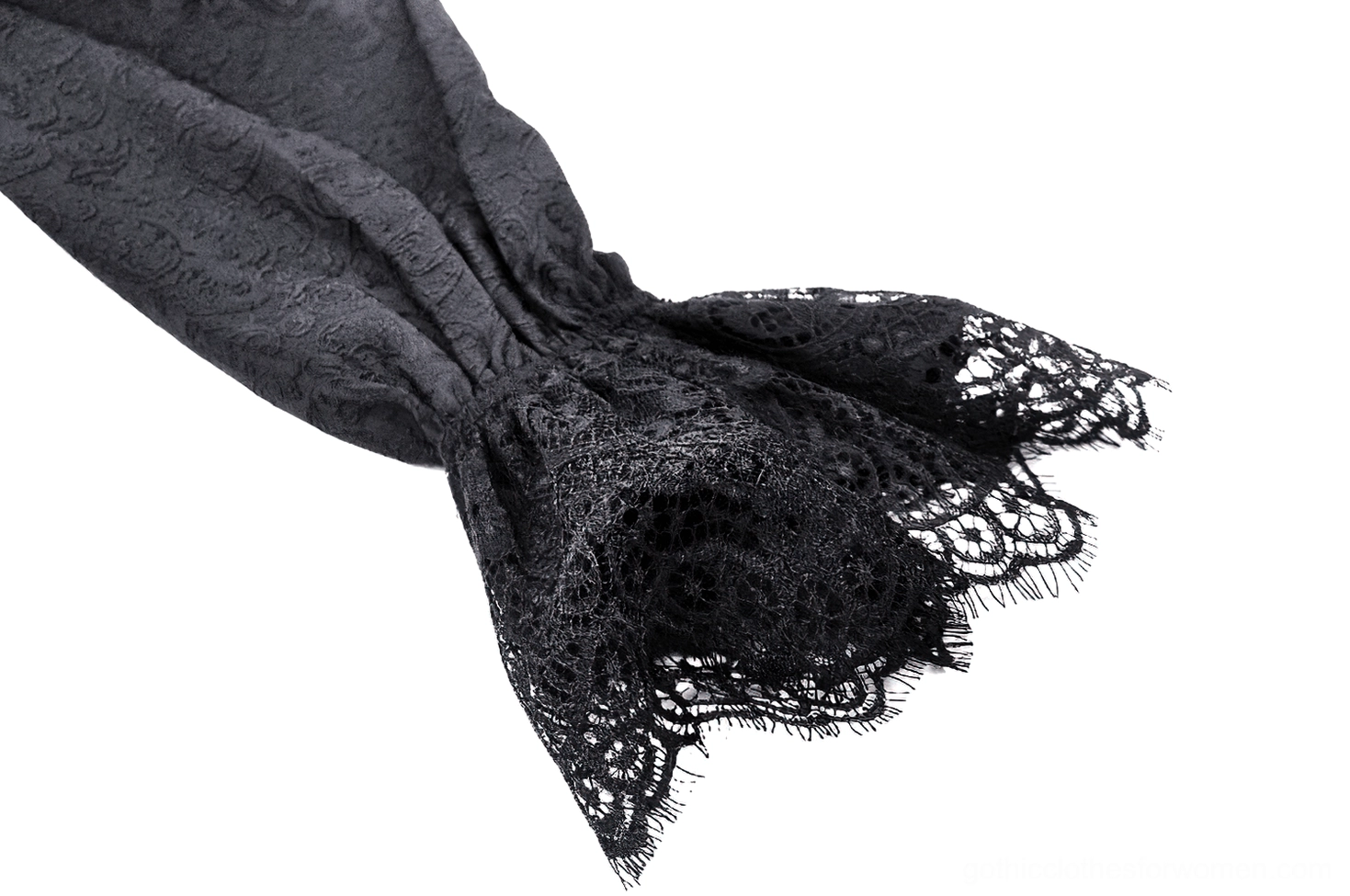Black lace tailcoat sleeve and upper torso detail showing sheer puffed sleeve construction and lace work