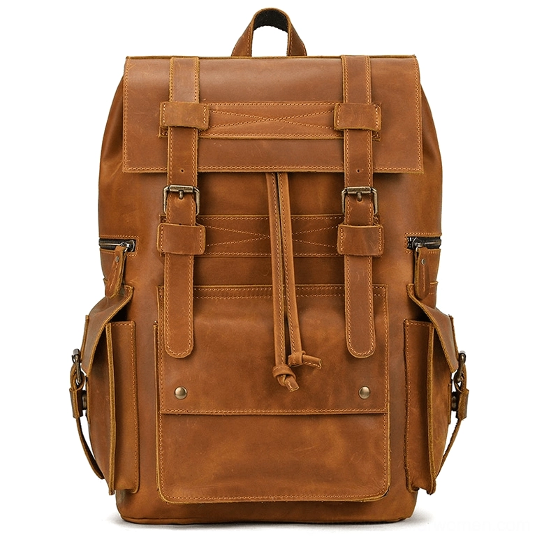 Tan brown crazy horse leather gothic backpack vintage multi-pocket design