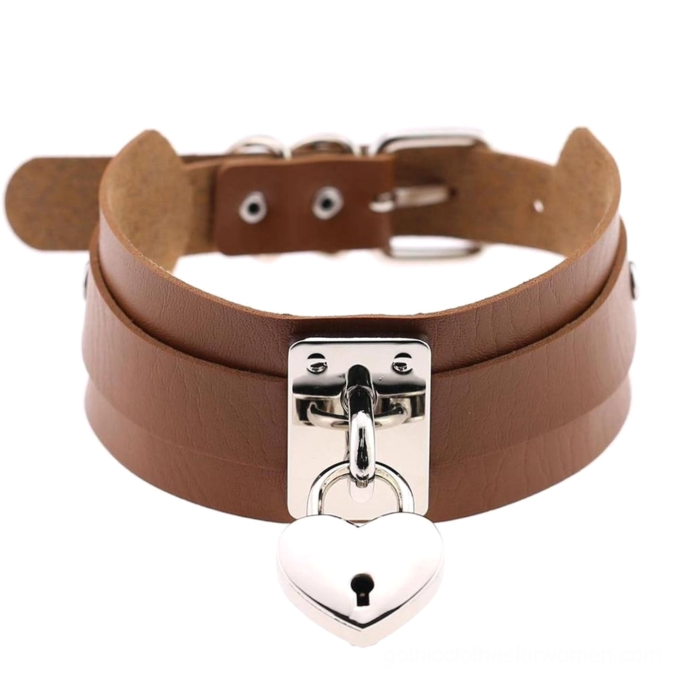 Tan brown leather gothic heart lock choker with silver lock pendant - warm tone variant