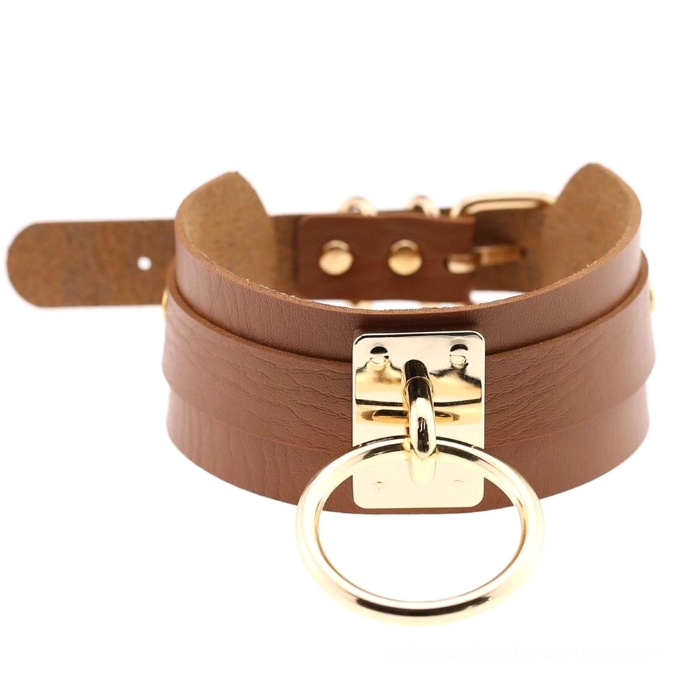 Tan brown PU leather double-layer bondage choker with gold tone metal ring, earth-toned gothic choker
