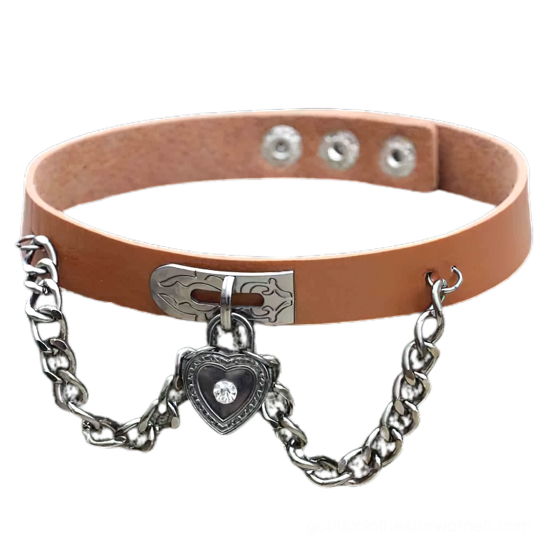 Tan brown light coffee PU leather gothic choker necklace with heart-shaped lock pendant and silver chain