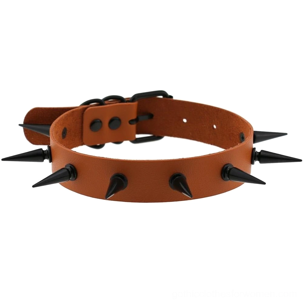 Tan brown faux leather spiked choker collar with black spike decorations and adjustable metal buckle