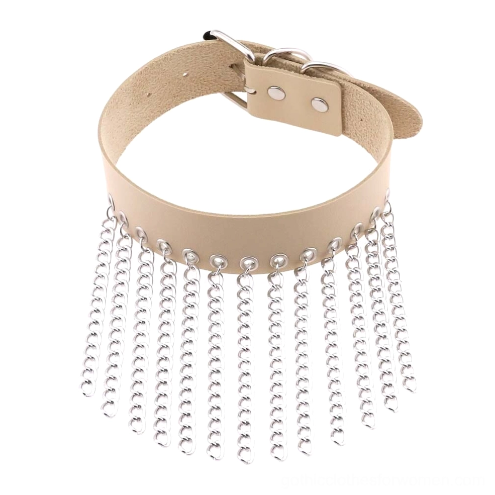 Tan beige leather gothic choker with silver tassel chains adjustable closure studio photography