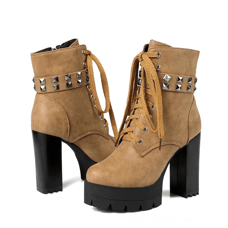 Tan suede gothic combat high heel boots with yellow laces and block platform heel