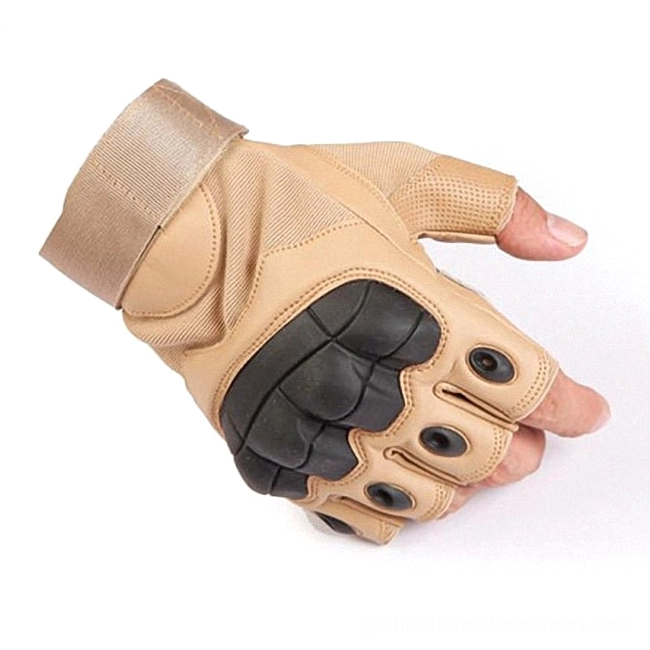 Tan tactical half-finger combat gloves on mannequin hand, showing black knuckle protection and exposed fingertips