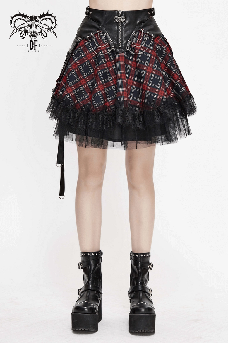 Tartan chain mini skirt waist detail, corset-inspired structure with metal accents and lace trim