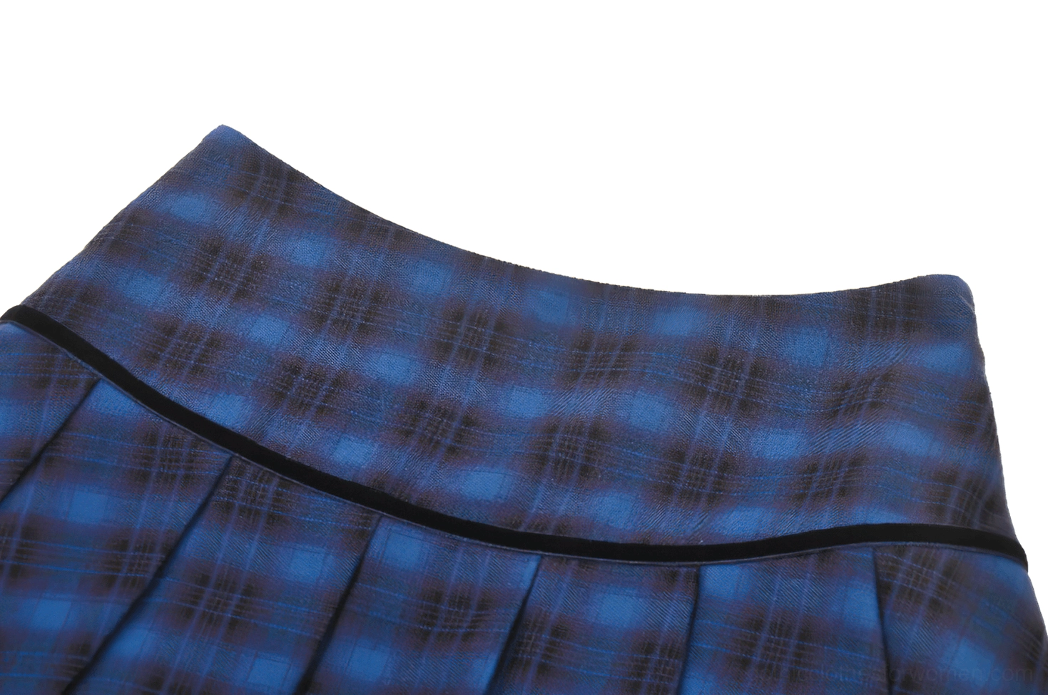 Close-up texture details of blue black tartan fabric with black waist trim and pleats