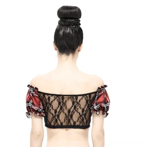 Gothic crop top back view showing sheer floral lace mesh panel and ruffled puff sleeves with elastic cuffs