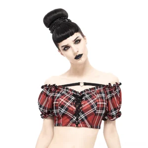 Black and red tartan gothic crop top with lace-up front and heart-shaped metal hardware, worn off-shoulder by model - front view
