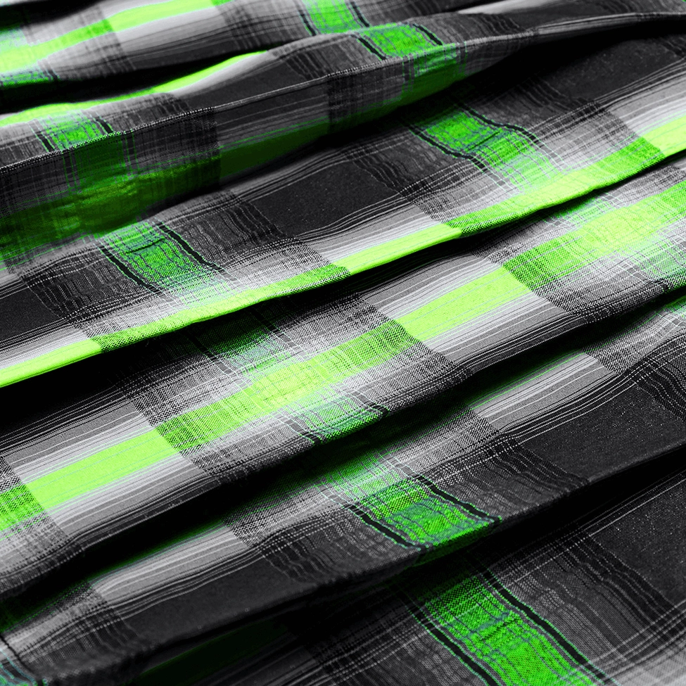 Model wearing black-green tartan gothic skirt from side angle showing silhouette and length proportion