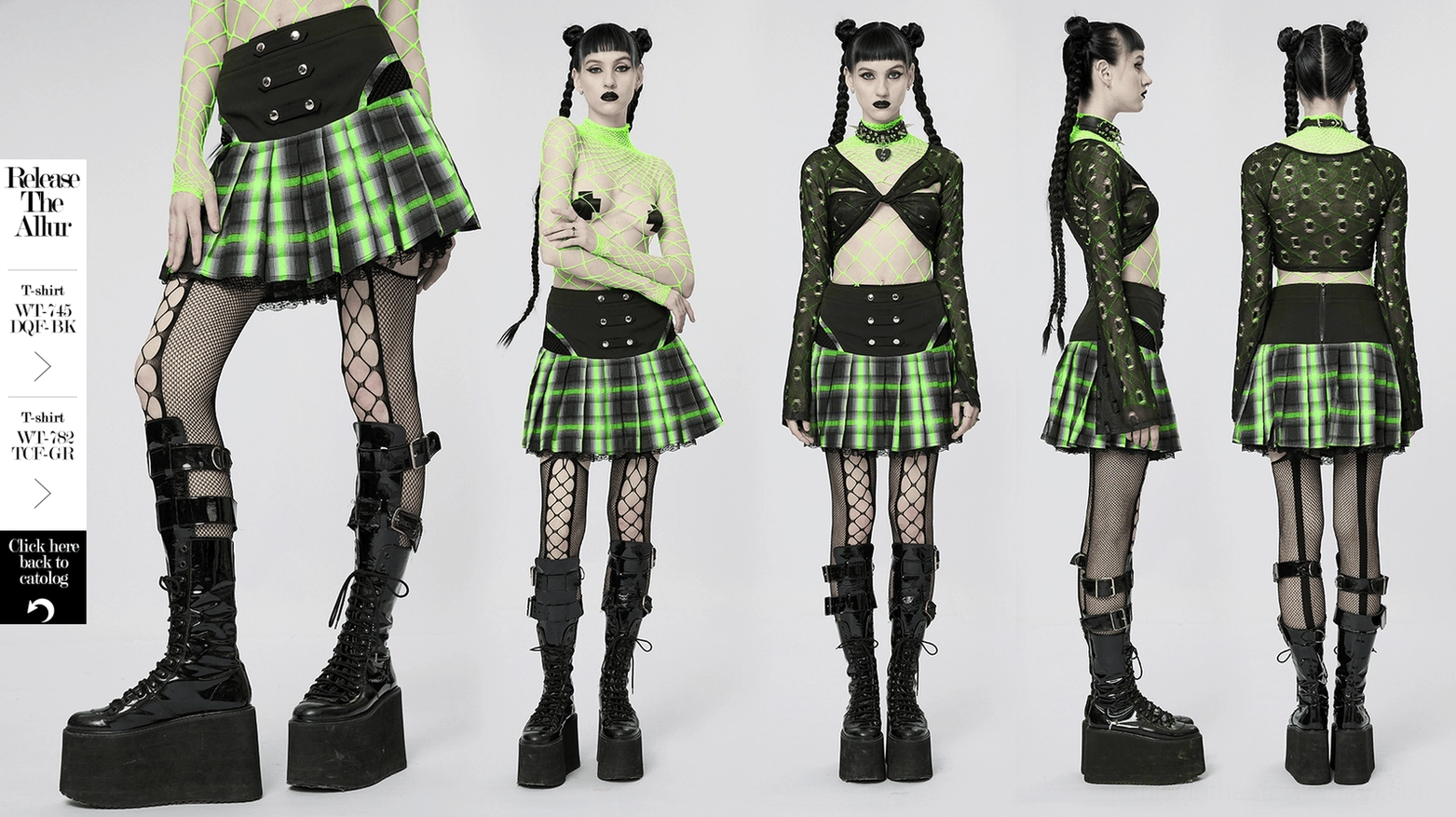 Back view of model wearing black-green tartan gothic skirt highlighting back zipper and pleated design