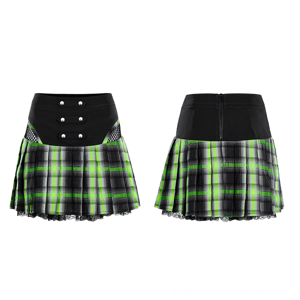 Flat lay close-up detail of black-green tartan gothic skirt showing snap button straps and fishnet cutout