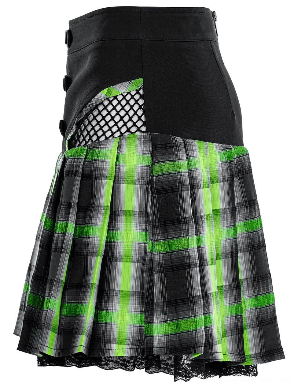 Side flat lay view of tartan gothic skirt displaying decorative snap button and pleated texture