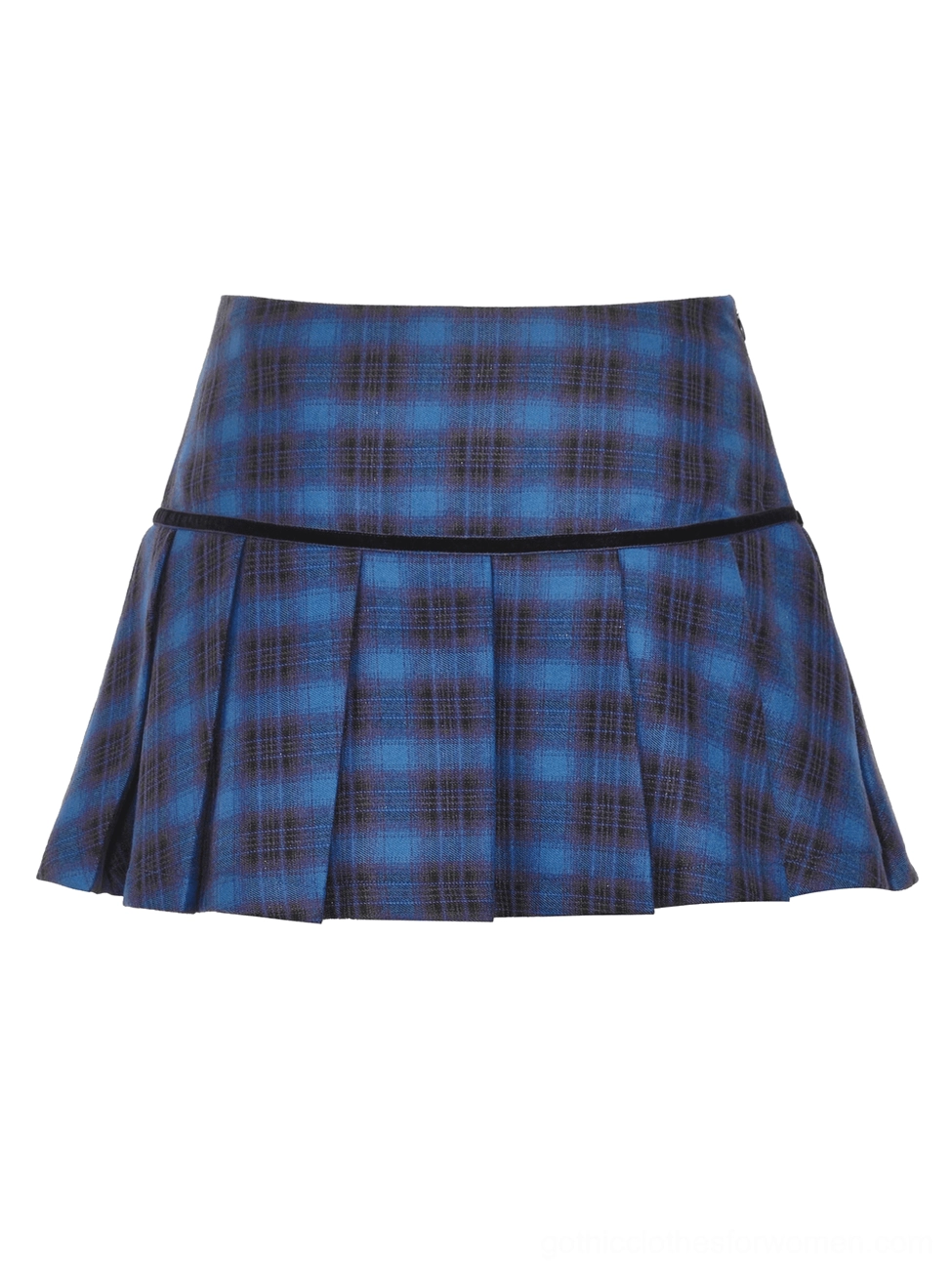 Black waist trim and pleated hem details on blue plaid gothic skirt - flat product display