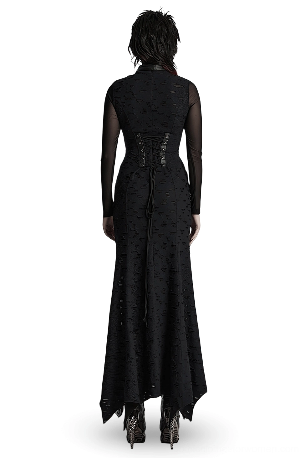 Gothic mesh pleated dress back view showing lace-up back closure with woven cord, sheer mesh sleeves, and floor-length tattered skirt with uneven hem detailing