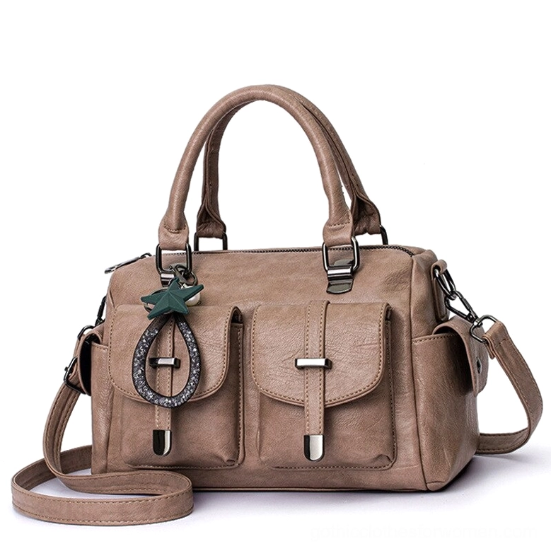 Taupe khaki soft leather gothic handbag with celestial star pendant and zipper closure - vintage style accessory