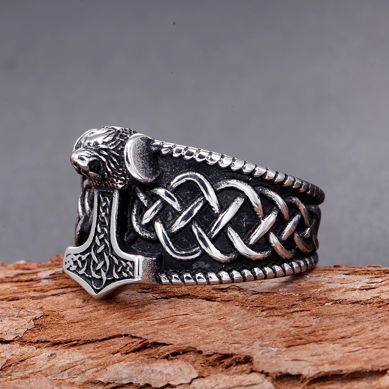 Viking Thor's hammer ring beast head decoration braided edge retro metal texture
