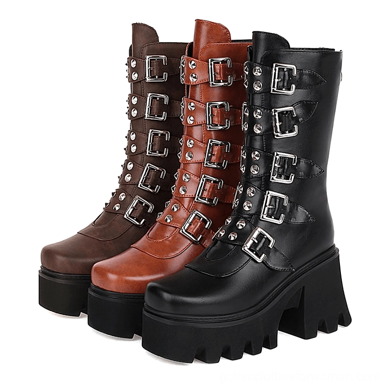 Three color options platform combat boots black brown and orange with silver buckle accents