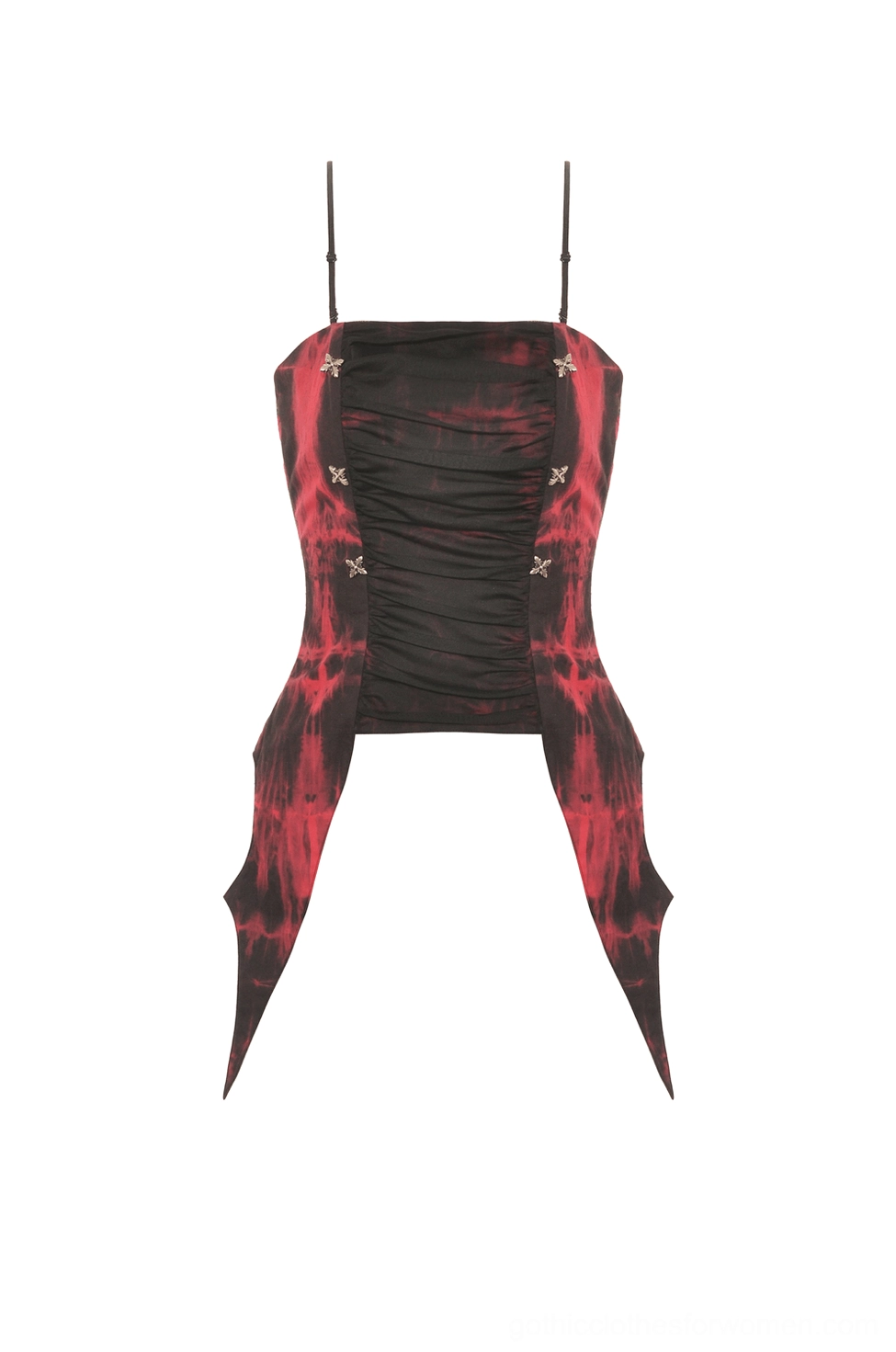 Red and black tie-dye corset top flat lay front view, featuring ruched panel and spaghetti straps on white background