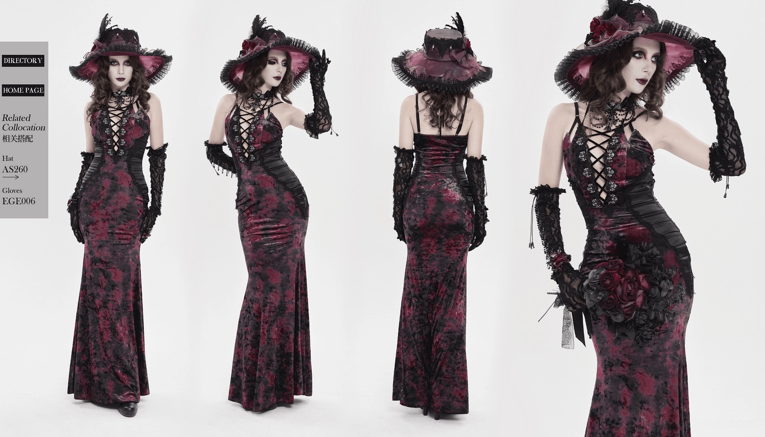 Black burgundy tie-dye gothic mermaid dress front full-length view on model wearing long gloves and gothic accessories