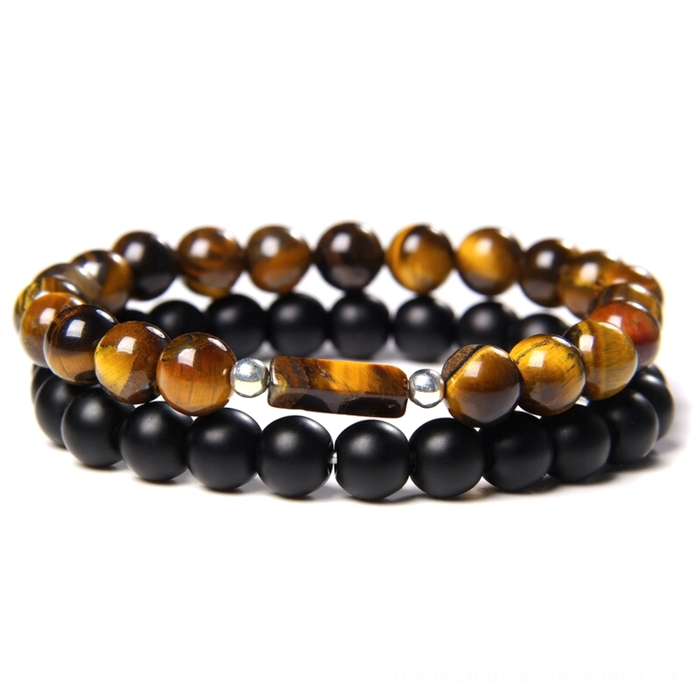 Tiger's eye golden yellow stone beaded bracelet with black frosted beads, rectangular accent stone, gothic aesthetic