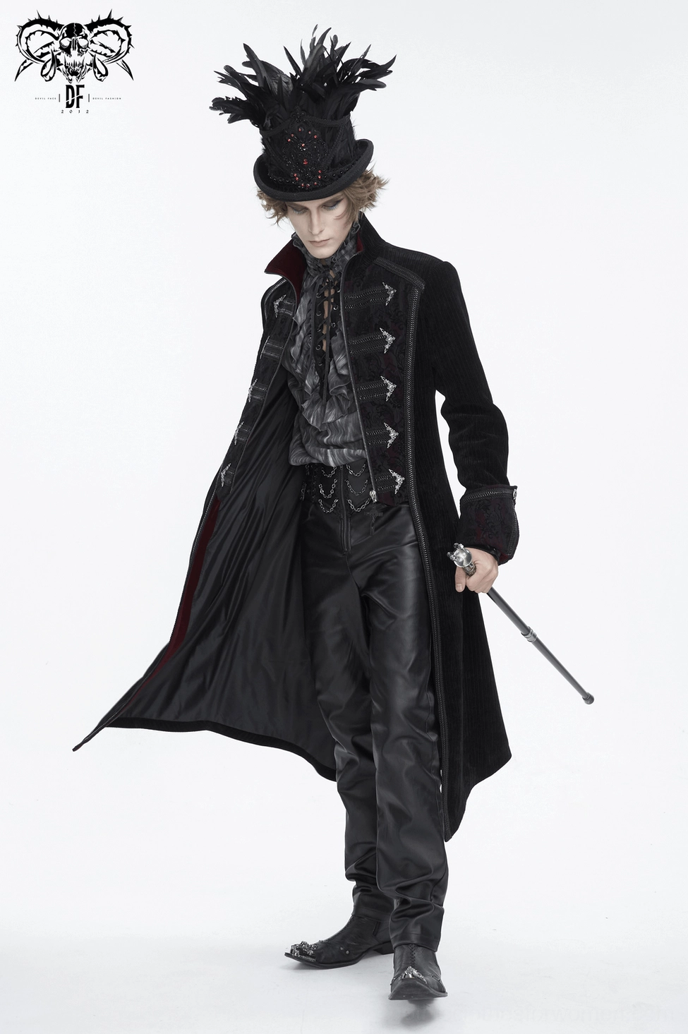 Black feathered top hat three-dimensional view showing crown height and feather dimension
