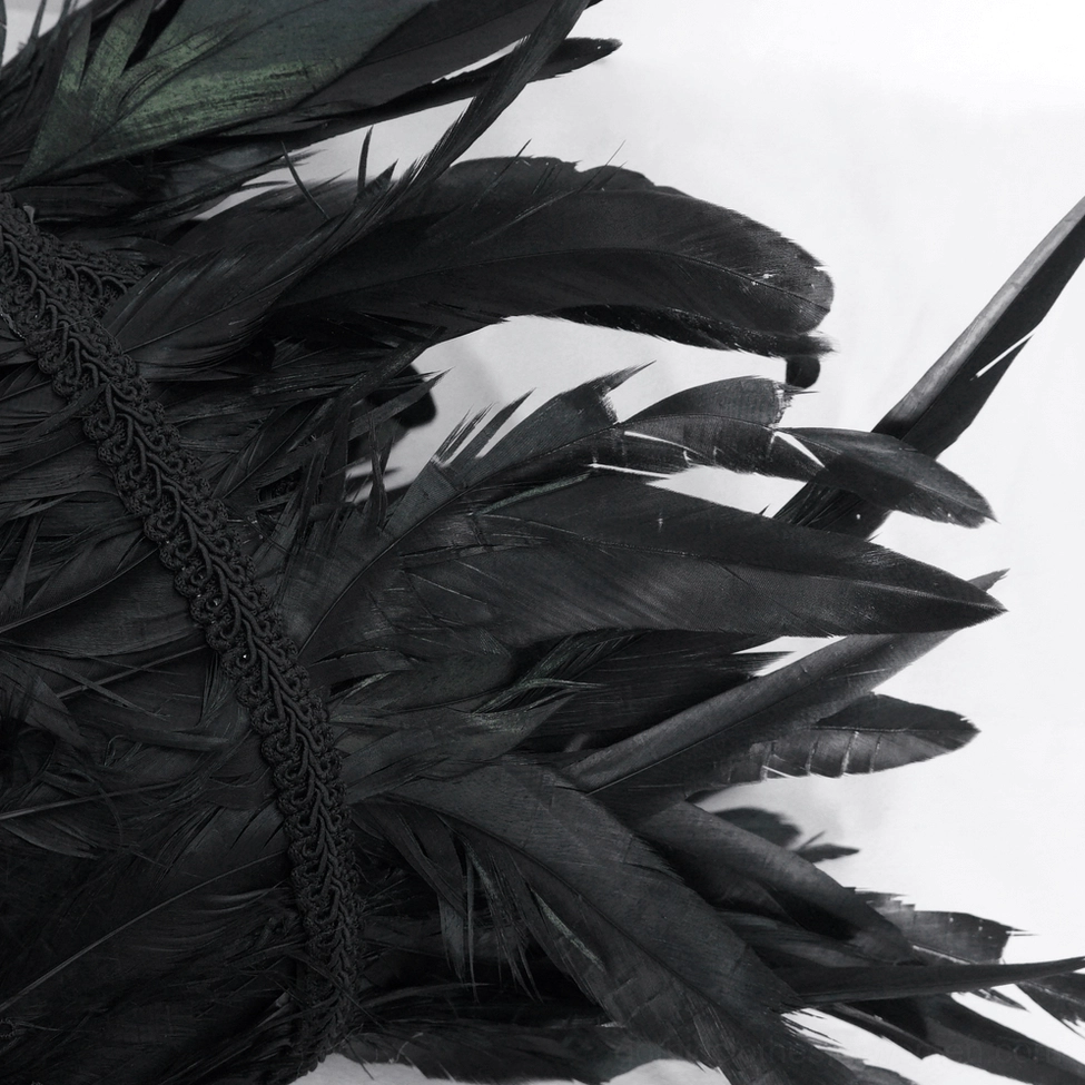 Black feathered top hat architectural crown structure with feather layering detail