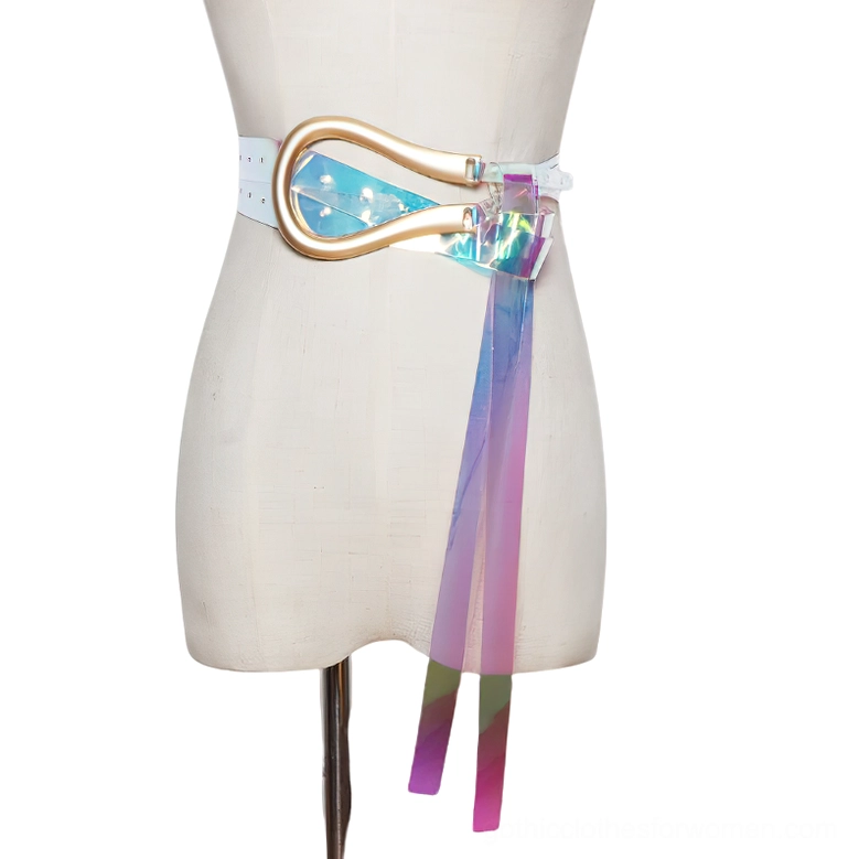 Clear PVC iridescent belt with gold U-shaped buckle worn on torso, transparent strap with hanging tassels showing alternative gothic styling