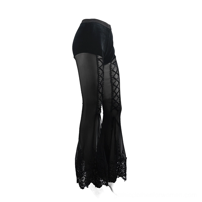 Transparent mesh flare trousers with side lace-up and decorative floral lace hem, side view