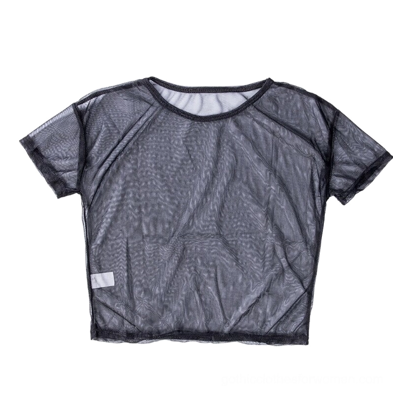 Flat lay overhead view of transparent mesh gothic crew neck t-shirt, solid charcoal grey construction