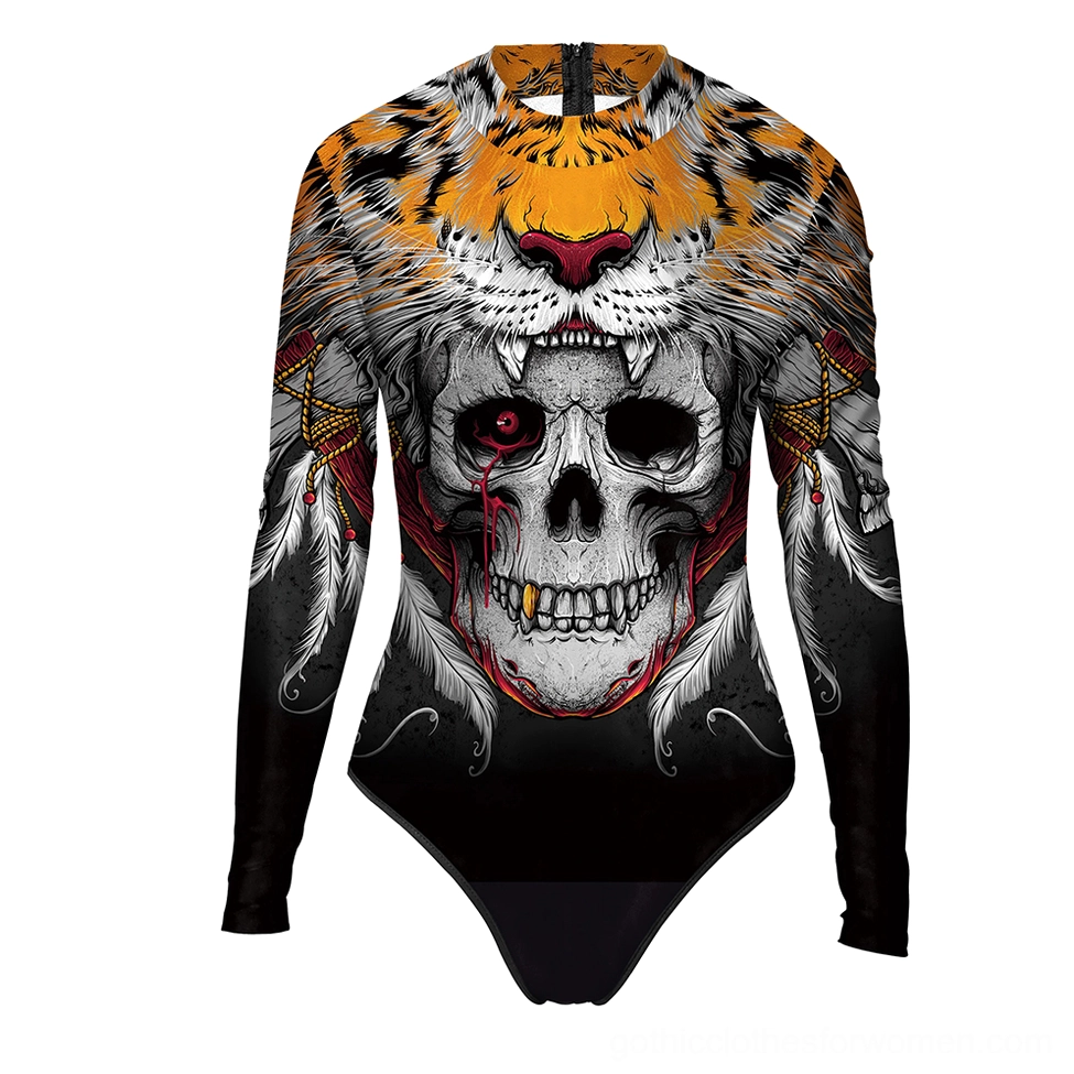 Flat lay tribal tiger skull gothic one-piece swimsuit – intricate feather print occult design