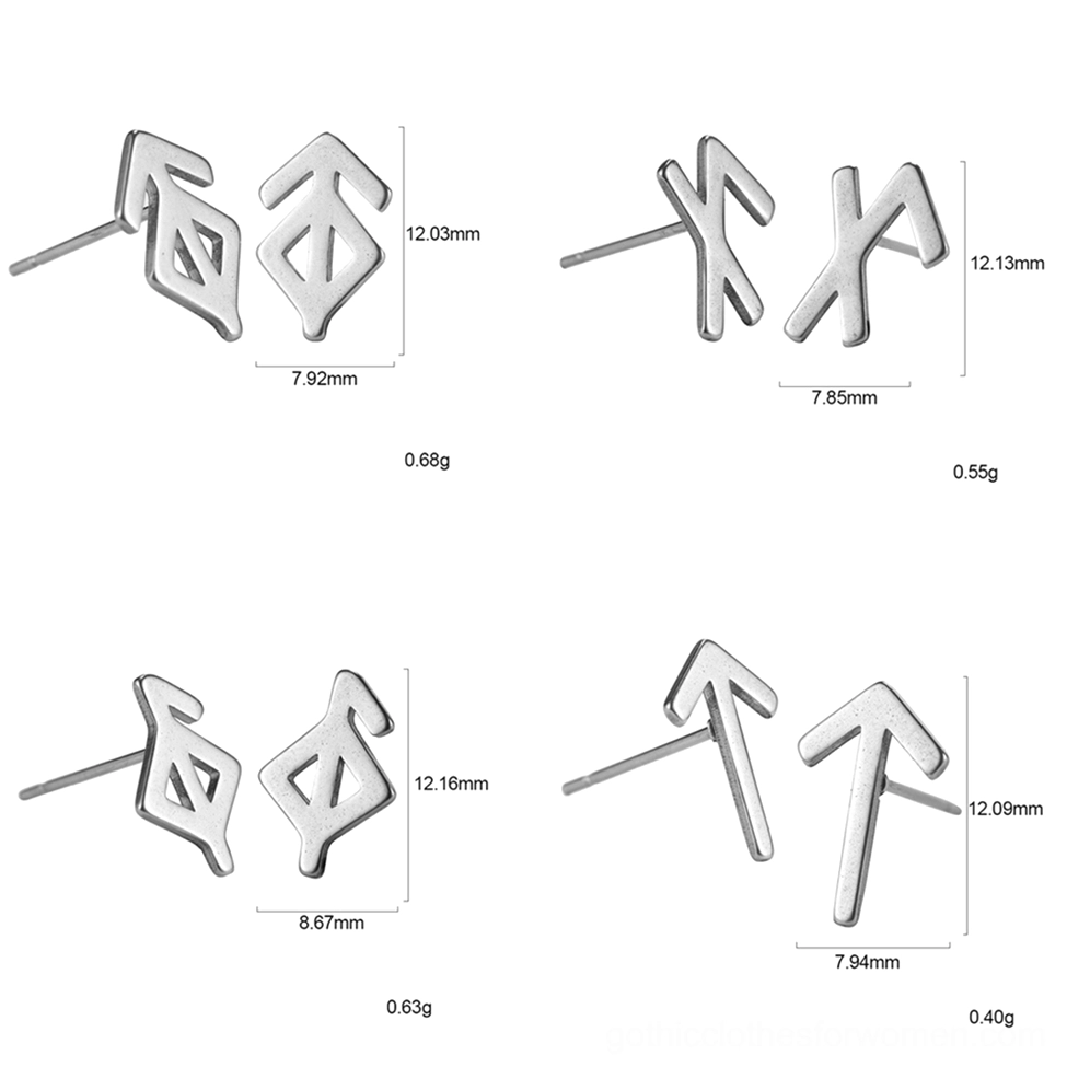 Trident gothic rune stud earrings in silver metal, flat lay showcasing paired mystical rune design in stainless steel