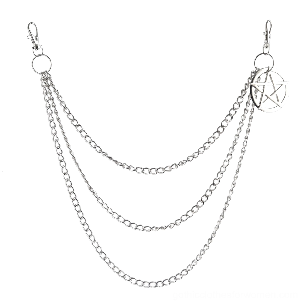 Triple-layer silver metal wallet chain with dual snap hooks, flat lay studio view on white background