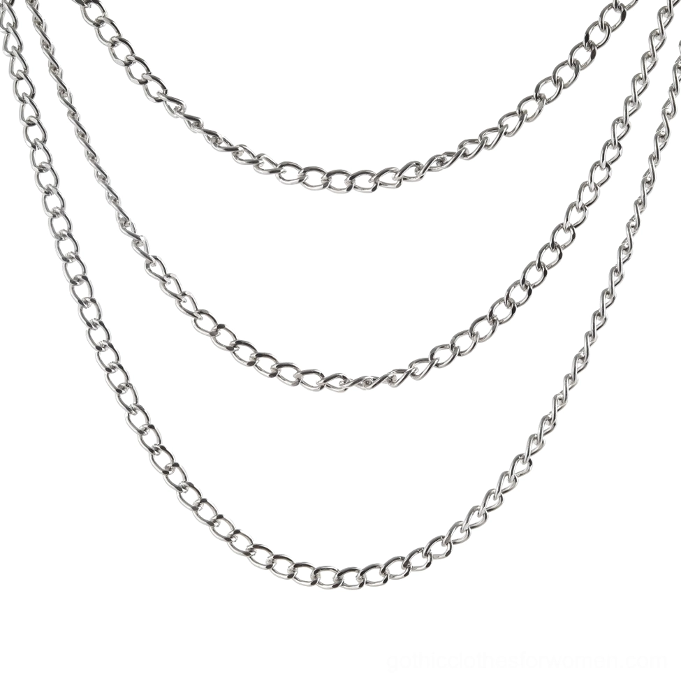 Triple-layer polished silver curb chain accessory, top view showing layered chain construction and metalwork detail