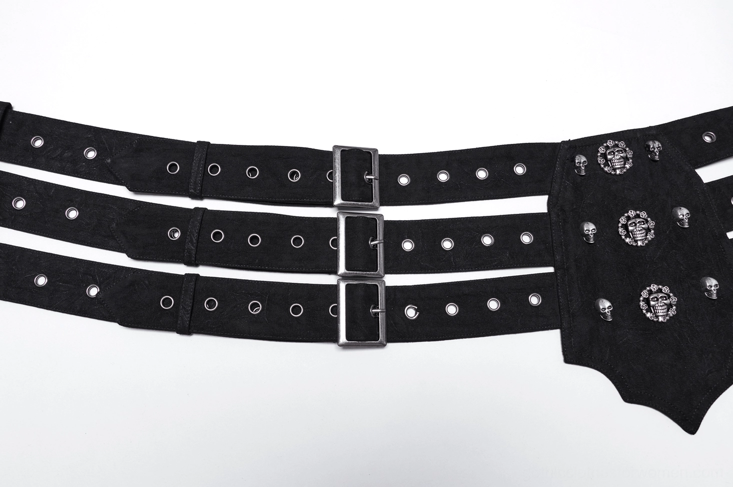 Triple-row skull stud gothic corset belt detail showing distressed fabric texture and metal accents