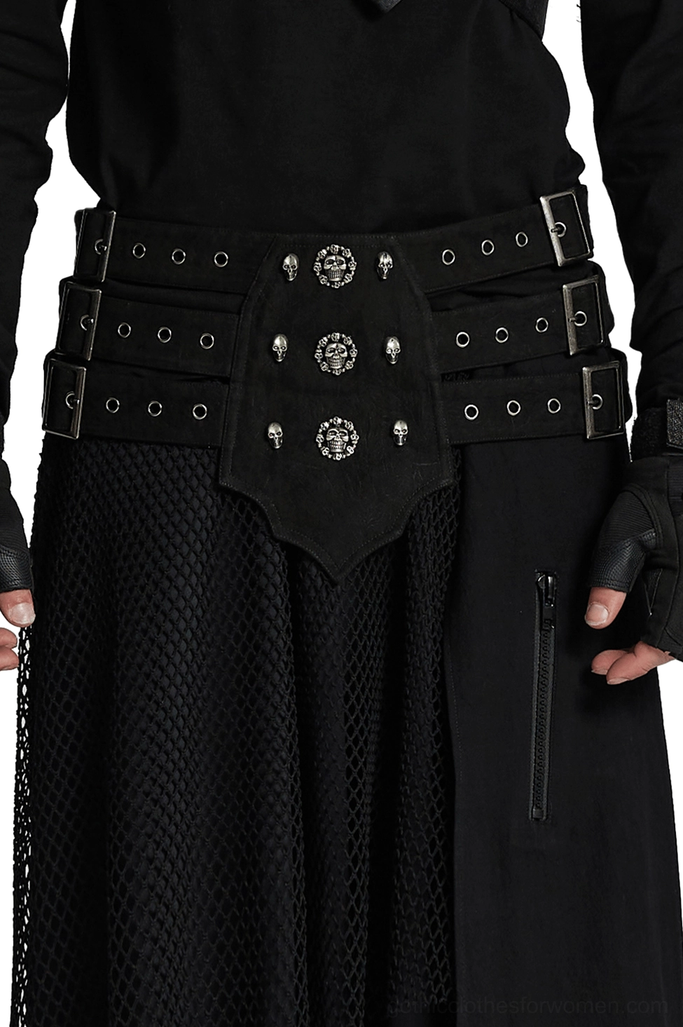 Triple-row gothic corset belt with skull studs worn on model waist, front view showing adjustable straps and metal studs