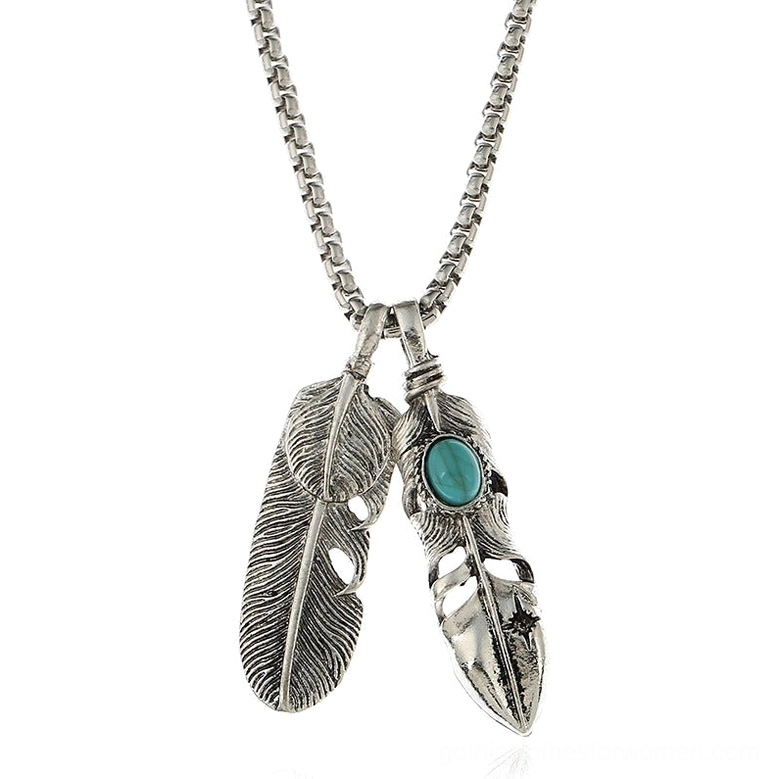 Two leaf feather pendant necklace front view - dual feather charm with turquoise inlay vintage design