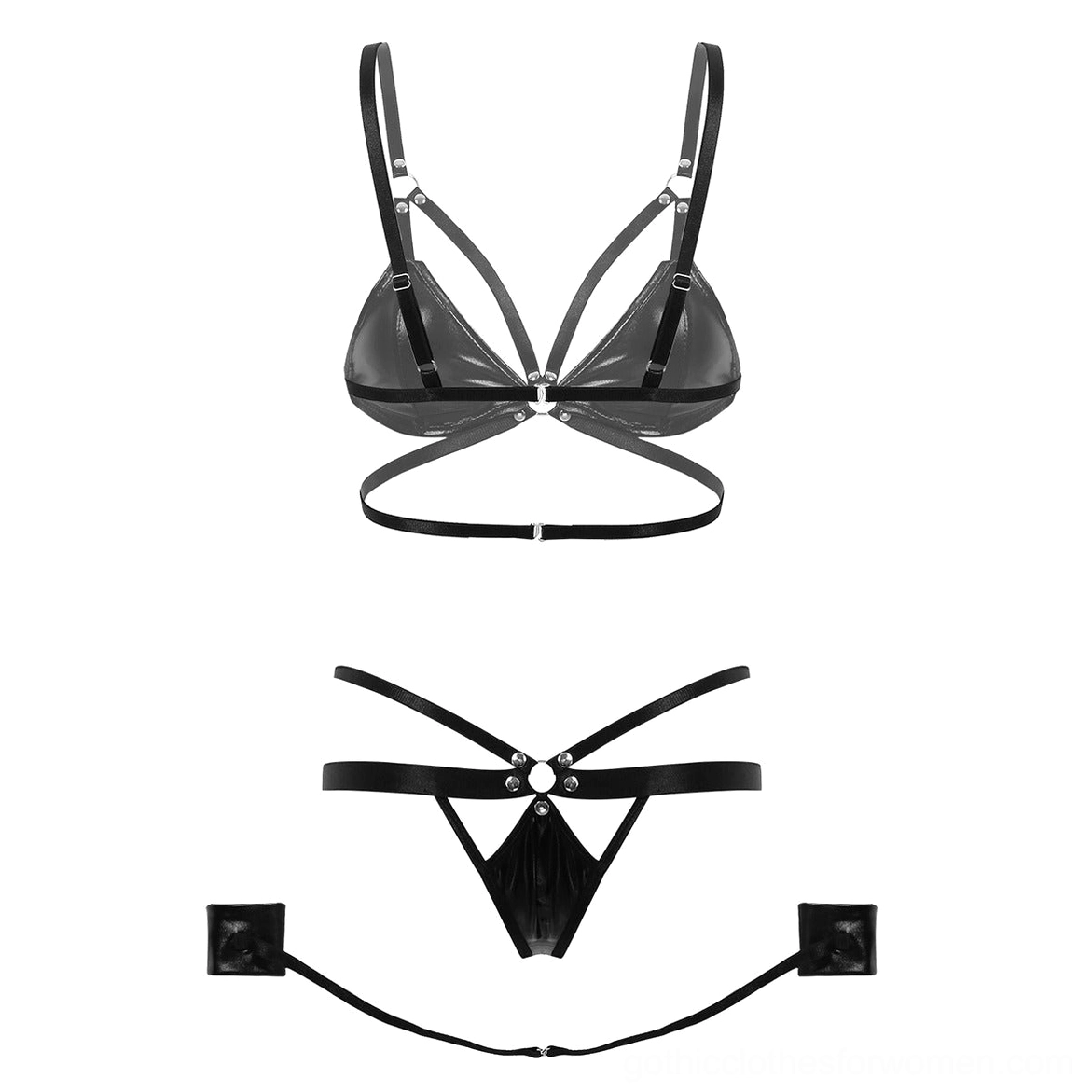 Black two-piece gothic lingerie set flat lay showcase, featuring slim shoulder straps, pull-through bottom design, and faux leather finish