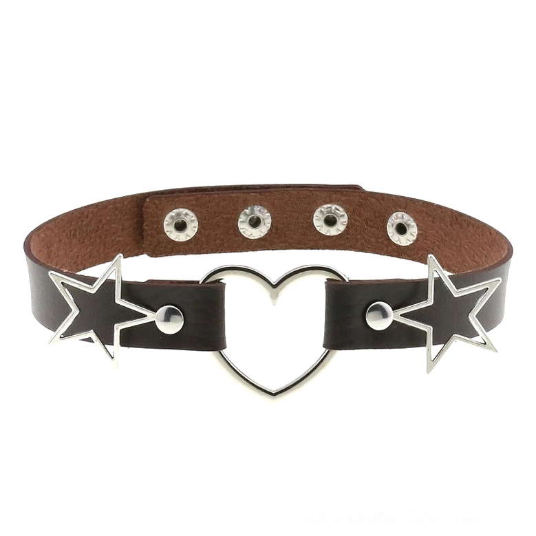 Two-tone brown and black PU leather choker necklace with silver heart and star ornaments, adjustable snap fasteners shown in flat lay