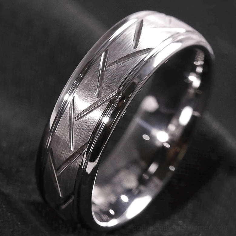 Two-tone black and silver gothic zigzag ring with mixed polished and brushed finishes