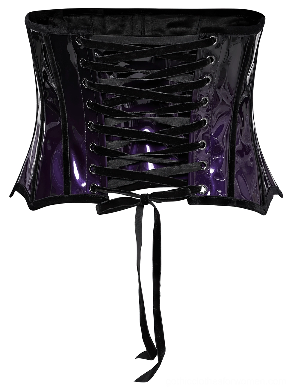 Gothic underbust corset back flat lay showing full lace-up construction with satin ribbon bow and scalloped velvet-trimmed bottom edge