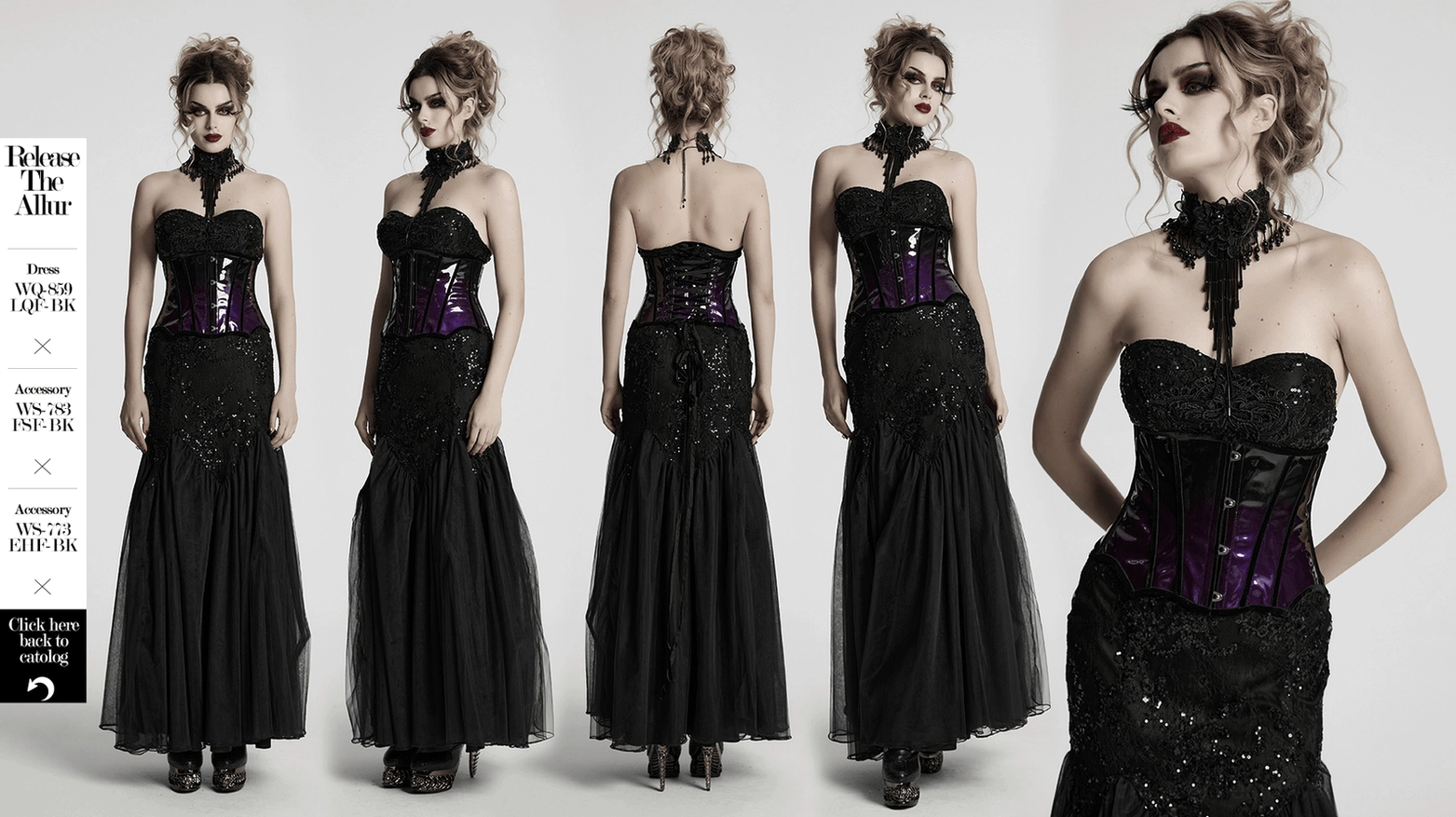 Patent leather underbust corset front and side combined view highlighting gradient gloss finish, metal hardware, and structured design