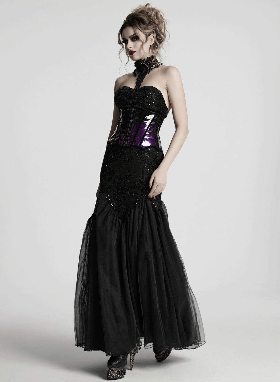Three-quarter view of gothic underbust corset displaying structured silhouette, vertical boning, and purple gradient finish